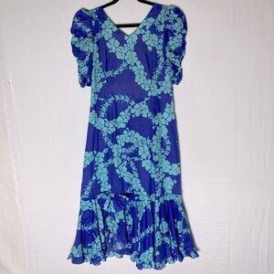 Vintage Hilo Hattie Blue Cotton Hawaiian Floral Half Sleeve Ruffle Hem Dress 6
